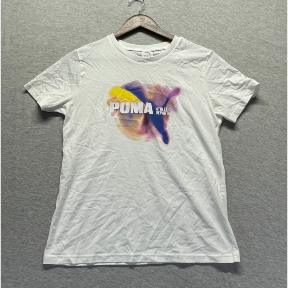 Puma Spin T Shirt Womens Medium White Short Sleeve Crew Neck Graphic Print Logo